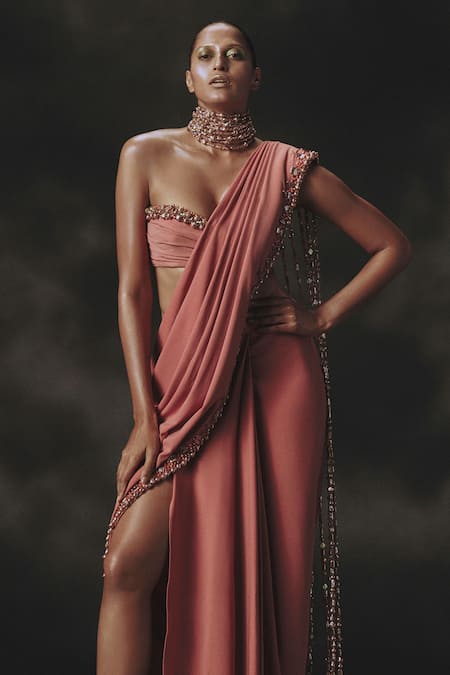 Nikhil Thampi_Pink Beads Sweetheart Neck Designer Pre-draped Saree With Blouse _Online_at_Aza_Fashions