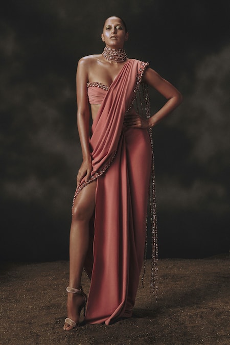 Nikhil Thampi Pink Beads Sweetheart Neck Designer Pre-draped Saree With Blouse 