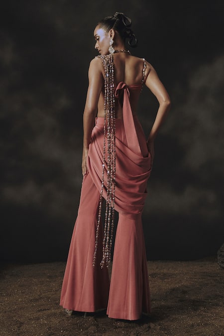 Nikhil Thampi Holographic Beaded Pink Pant Saree Set 