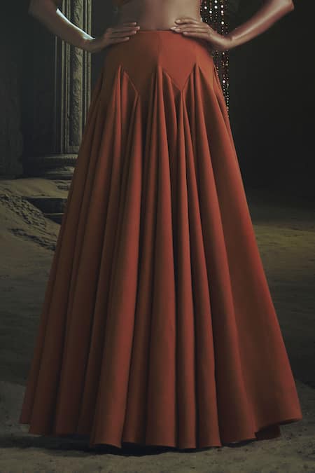 Nikhil Thampi_Rust Voile Beads Asymmetric Godet Lehenga Set _Online_at_Aza_Fashions