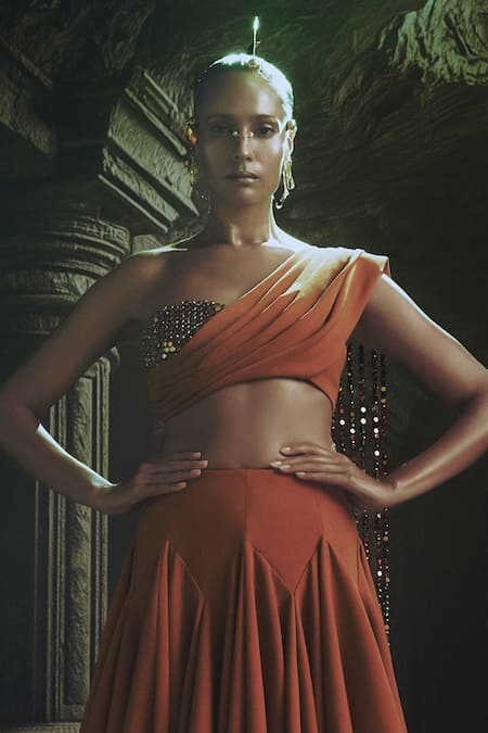Buy_Nikhil Thampi_Rust Voile Beads Asymmetric Godet Lehenga Set _Online_at_Aza_Fashions