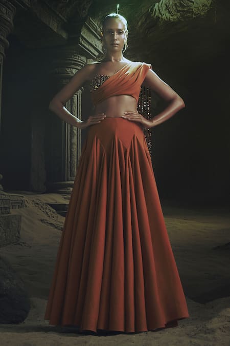 Nikhil Thampi Rust Voile Beads Asymmetric Godet Lehenga Set 