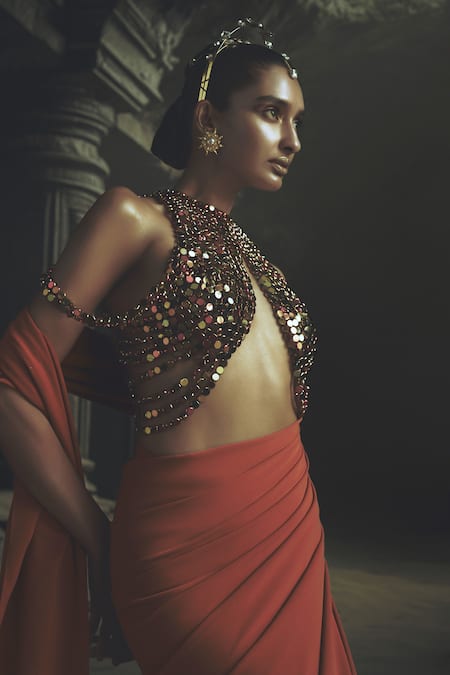 Nikhil Thampi_Rust Voile Beads Plunge Neck Pre-draped Saree With Blouse _Online_at_Aza_Fashions