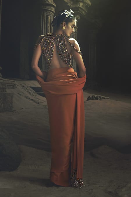 Nikhil Thampi Rust Pre-Draped Saree with Blouse 