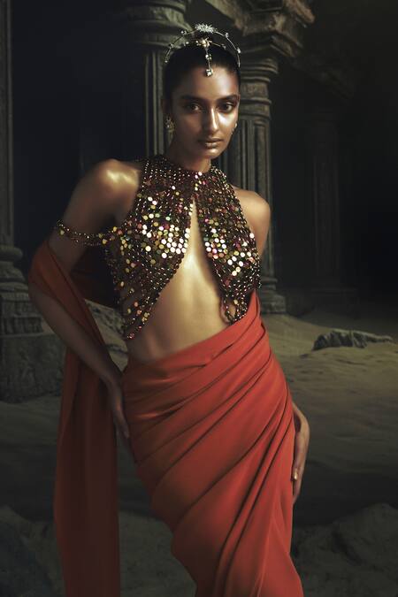 Buy_Nikhil Thampi_Rust Voile Beads Plunge Neck Pre-draped Saree With Blouse _Online_at_Aza_Fashions