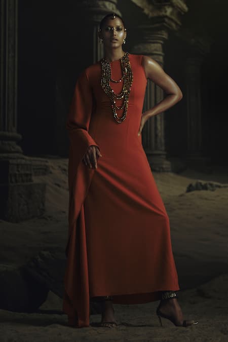 Nikhil Thampi Rust Beads Round Neck Metallic Embroidered Kaftan 