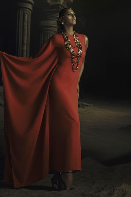 Nikhil Thampi Rust Metallic Bead Embroidered Kaftan 