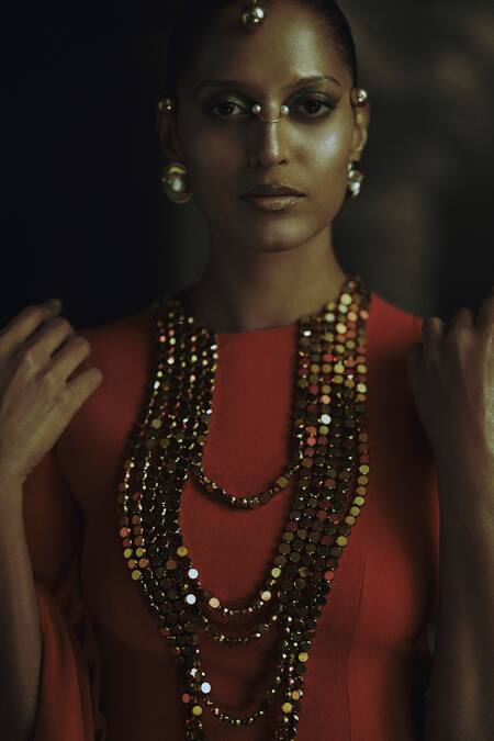 Nikhil Thampi_Rust Beads Round Neck Metallic Embroidered Kaftan _Online_at_Aza_Fashions