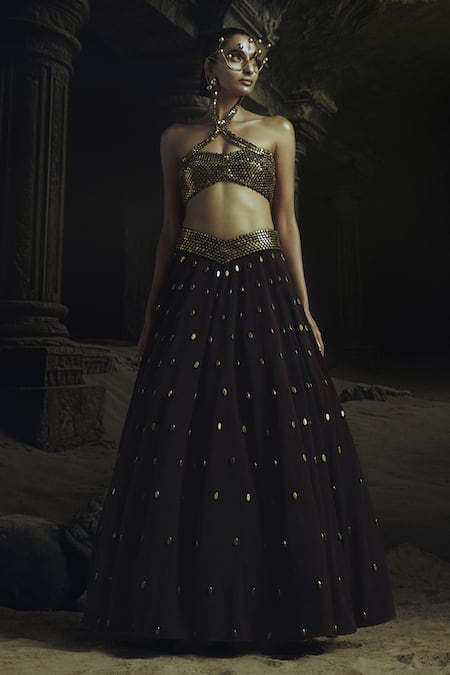 Nikhil Thampi Brown Beads Halter Neck Cocoa Lehenga Set 