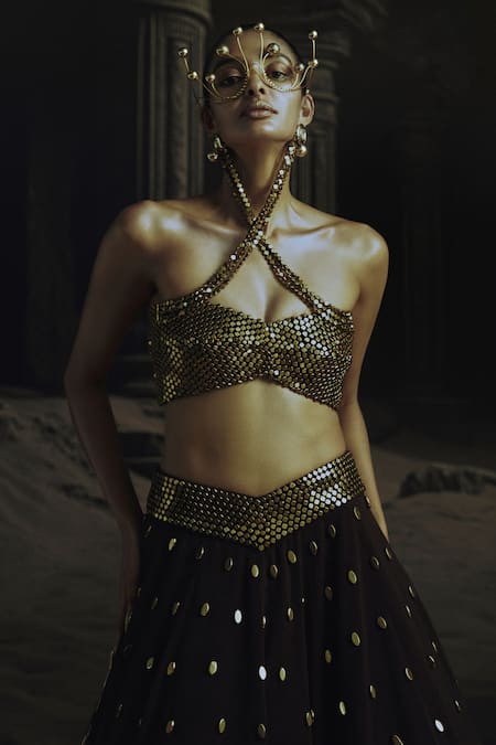 Buy_Nikhil Thampi_Brown Beads Halter Neck Cocoa Lehenga Set _Online_at_Aza_Fashions