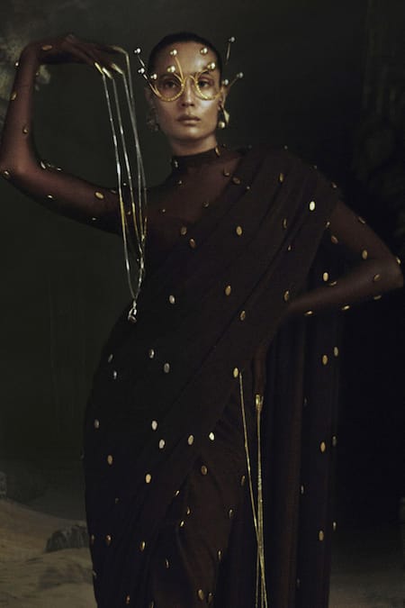 Nikhil Thampi_Brown Embroidery, Fringe, Beads Round Neck Cocoa Pre-draped Saree Set _Online_at_Aza_Fashions