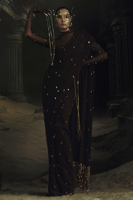 Nikhil Thampi Cocoa Brown Pre-Draped Saree Set 