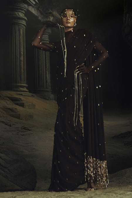 Nikhil Thampi Cocoa Brown Pre-Draped Saree Set 