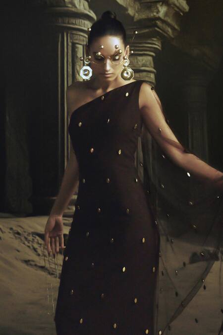 Nikhil Thampi_Brown Net Beads Asymmetric Cocoa Gold Embroidered Kaftan Set _Online_at_Aza_Fashions