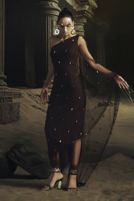 Buy_Nikhil Thampi_Brown Net Beads Asymmetric Cocoa Gold Embroidered Kaftan Set _Online_at_Aza_Fashions