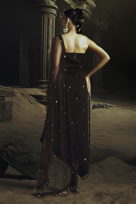 Nikhil Thampi Cocoa Brown Gold Embroidered Kaftan Set 