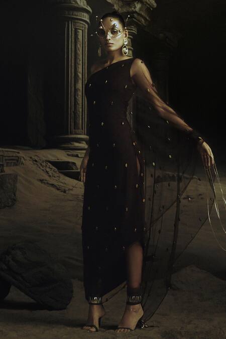 Shop_Nikhil Thampi_Brown Net Beads Asymmetric Cocoa Gold Embroidered Kaftan Set _Online_at_Aza_Fashions