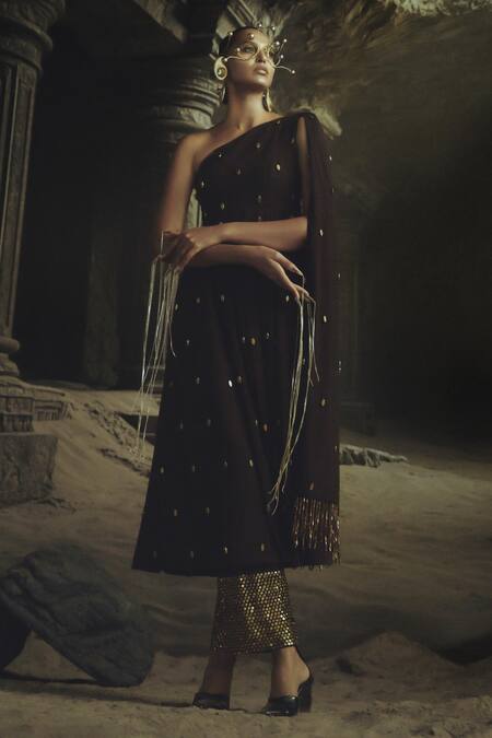 Nikhil Thampi_Brown Beads Asymmetric Cocoa Anarkali Set With Gold Embroidery _Online_at_Aza_Fashions