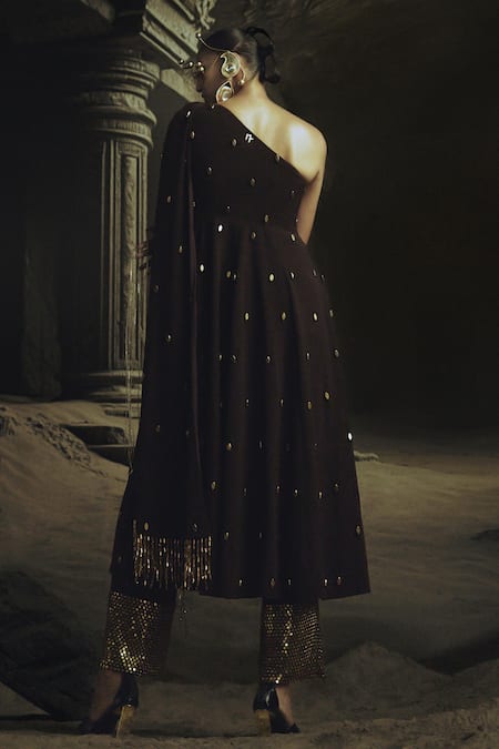 Nikhil Thampi Cocoa Brown Anarkali Set With Gold Embroidery 