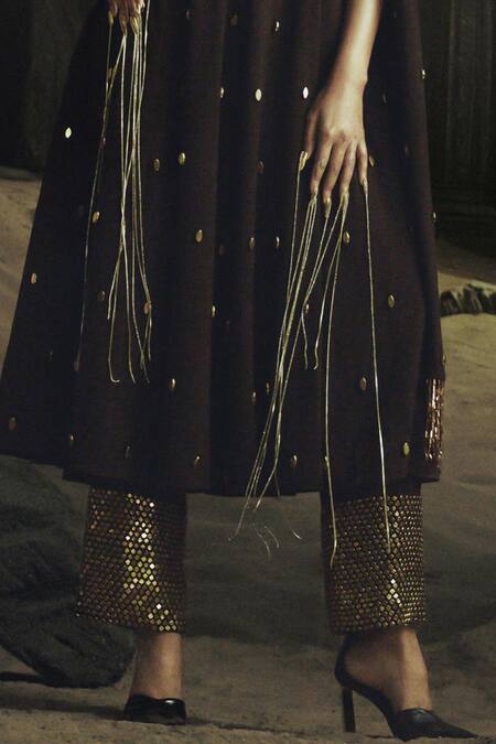 Buy_Nikhil Thampi_Brown Beads Asymmetric Cocoa Anarkali Set With Gold Embroidery _Online_at_Aza_Fashions