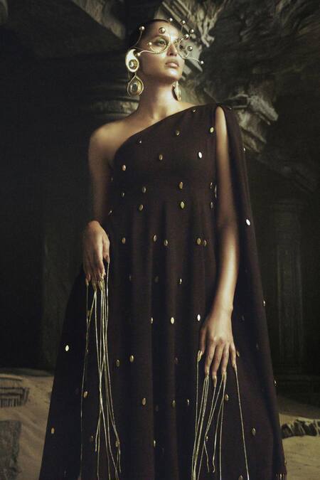 Shop_Nikhil Thampi_Brown Beads Asymmetric Cocoa Anarkali Set With Gold Embroidery _Online_at_Aza_Fashions