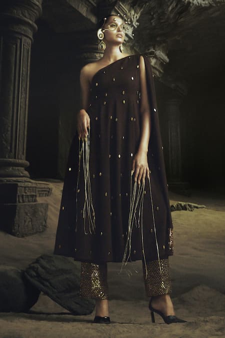 Nikhil Thampi Brown Beads Asymmetric Cocoa Anarkali Set With Gold Embroidery 