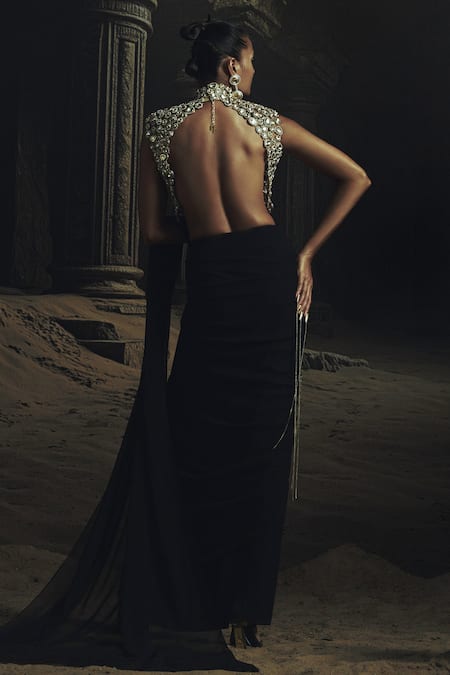 Nikhil Thampi Black Georgette Pre-Draped Saree Set 