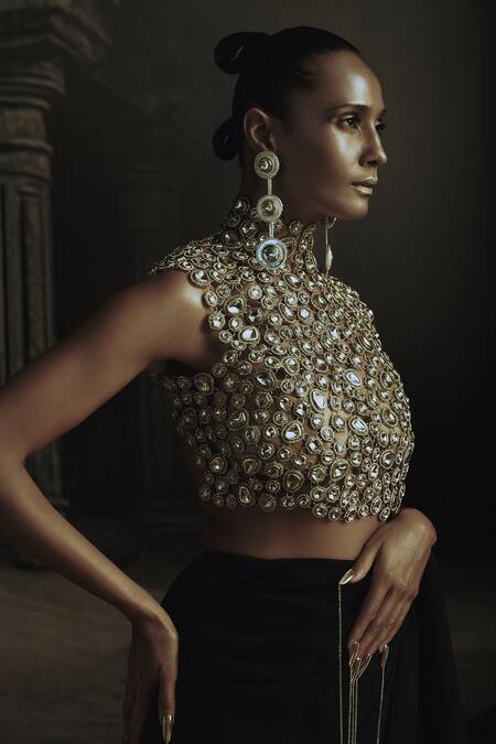 Nikhil Thampi_Black Georgette Embroidery High Neck Pre-draped Saree Set _Online_at_Aza_Fashions