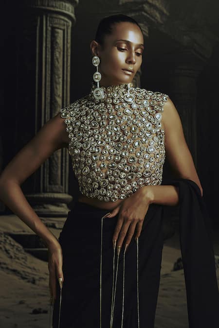 Buy_Nikhil Thampi_Black Georgette Embroidery High Neck Pre-draped Saree Set _Online_at_Aza_Fashions