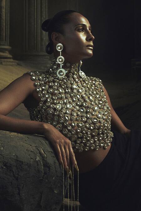 Shop_Nikhil Thampi_Black Georgette Embroidery High Neck Pre-draped Saree Set _Online_at_Aza_Fashions