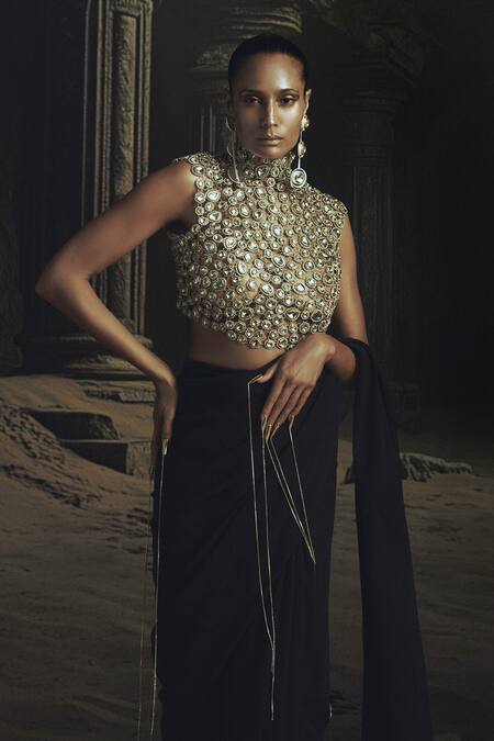 Nikhil Thampi_Black Georgette Embroidery High Neck Pre-draped Saree Set _at_Aza_Fashions