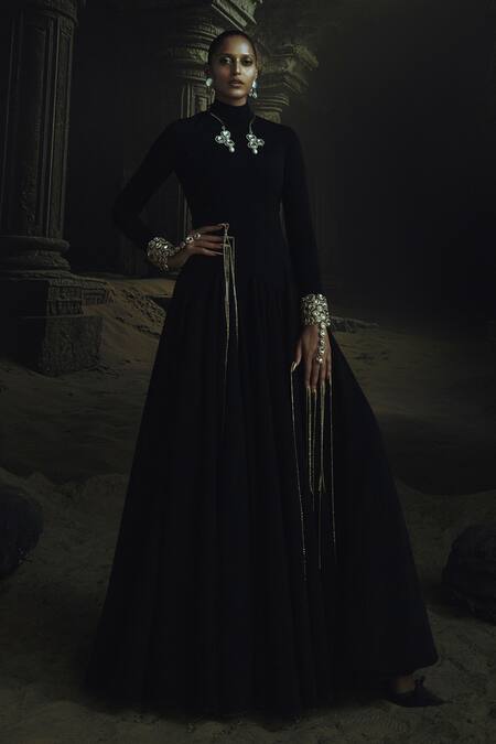 Nikhil Thampi_Black Embroidery High Neck Kundan Embellished Anarkali _Online_at_Aza_Fashions