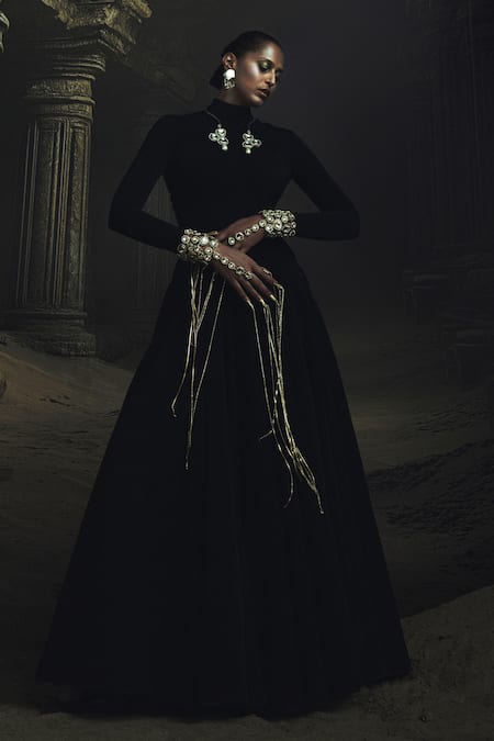 Buy_Nikhil Thampi_Black Embroidery High Neck Kundan Embellished Anarkali _Online_at_Aza_Fashions