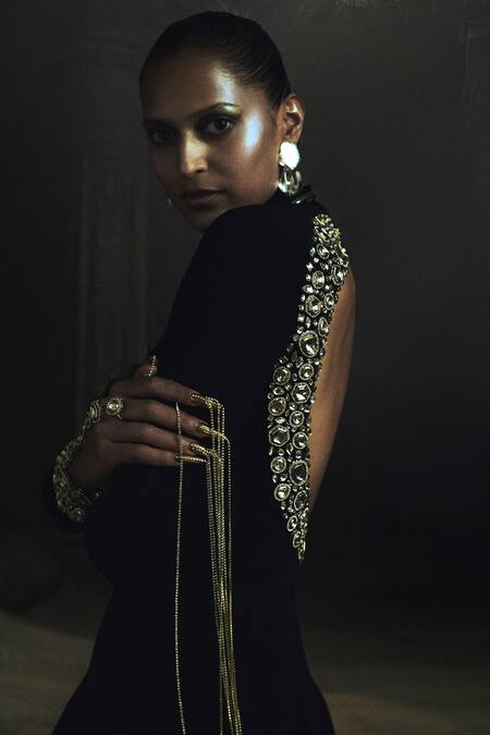 Shop_Nikhil Thampi_Black Embroidery High Neck Kundan Embellished Anarkali _Online_at_Aza_Fashions