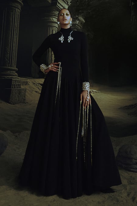 Nikhil Thampi Black Embroidery High Neck Kundan Embellished Anarkali 