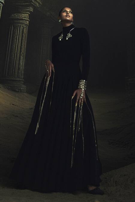 Nikhil Thampi_Black Embroidery High Neck Kundan Embellished Anarkali _at_Aza_Fashions