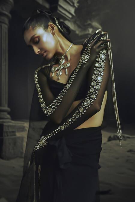 Nikhil Thampi_Black Off-shoulder Draped Skirt And Blouse Set _Online_at_Aza_Fashions