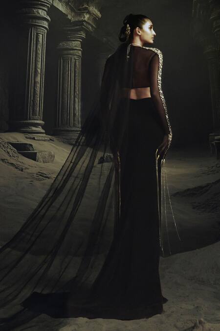 Buy_Nikhil Thampi_Black Off-shoulder Draped Skirt And Blouse Set _Online_at_Aza_Fashions