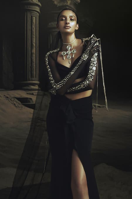 Shop_Nikhil Thampi_Black Off-shoulder Draped Skirt And Blouse Set _Online_at_Aza_Fashions
