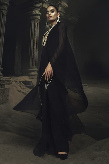 Buy_Nikhil Thampi_Black Georgette Embroidery V-neck Kaftan And Pant Set _Online_at_Aza_Fashions