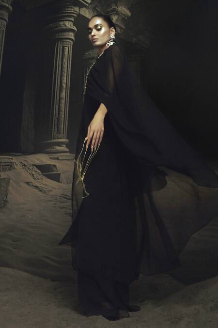 Shop_Nikhil Thampi_Black Georgette Embroidery V-neck Kaftan And Pant Set _Online_at_Aza_Fashions