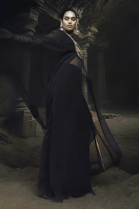 Nikhil Thampi Black Georgette Kaftan & Pant Set 