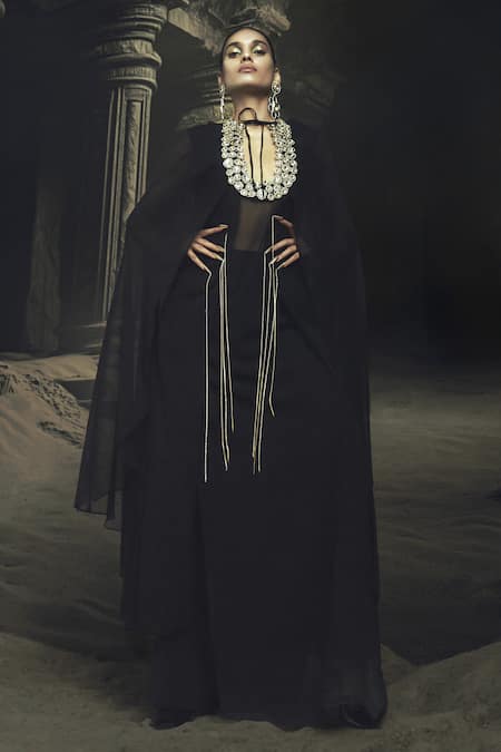 Nikhil Thampi Black Georgette Embroidery V-neck Kaftan And Pant Set 