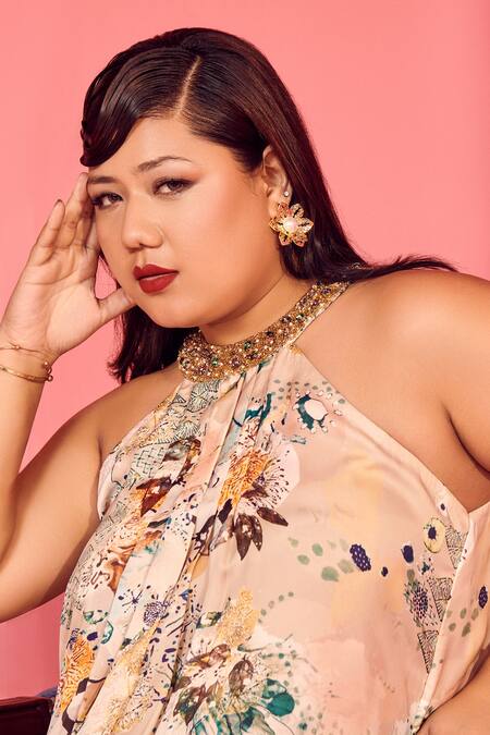 Mamicha_Beige Satin, Crepe Halter Neck Floral Dress_Online_at_Aza_Fashions