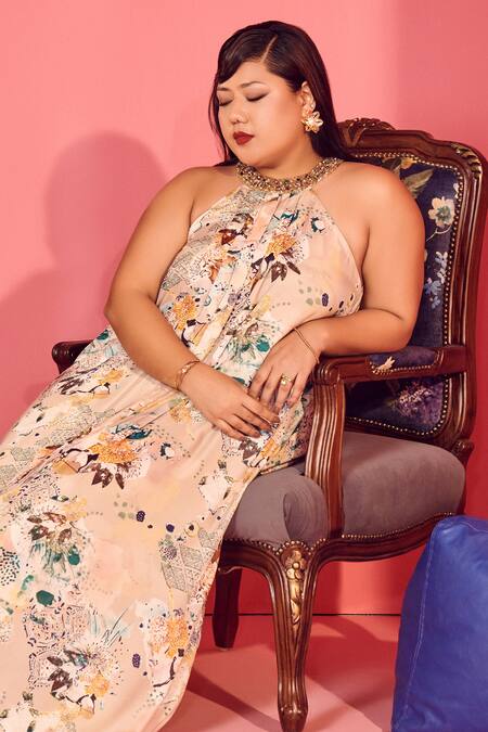 Buy_Mamicha_Beige Satin, Crepe Halter Neck Floral Dress_Online_at_Aza_Fashions