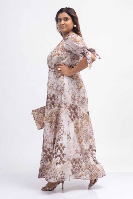 Buy_Mamicha_Off White Georgette Embroidery V-neck Printed Dress_Online_at_Aza_Fashions