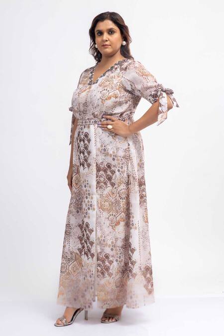 Shop_Mamicha_Off White Georgette Embroidery V-neck Printed Dress_Online_at_Aza_Fashions