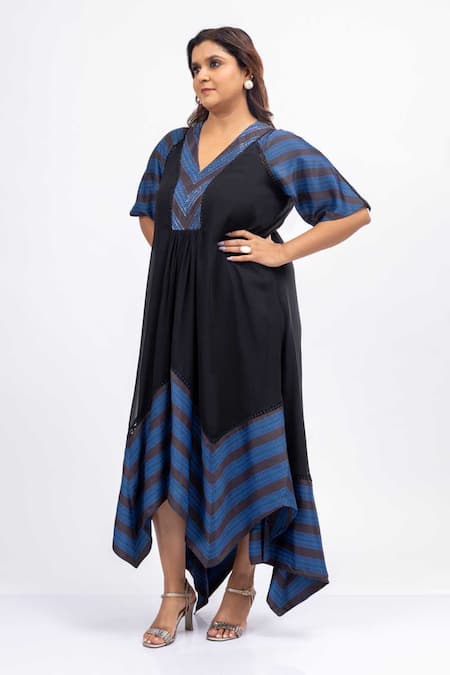 Mamicha_Black Satin, Crepe Embroidery V-neck Gatsby Secret Blue Designer Dress_Online_at_Aza_Fashions