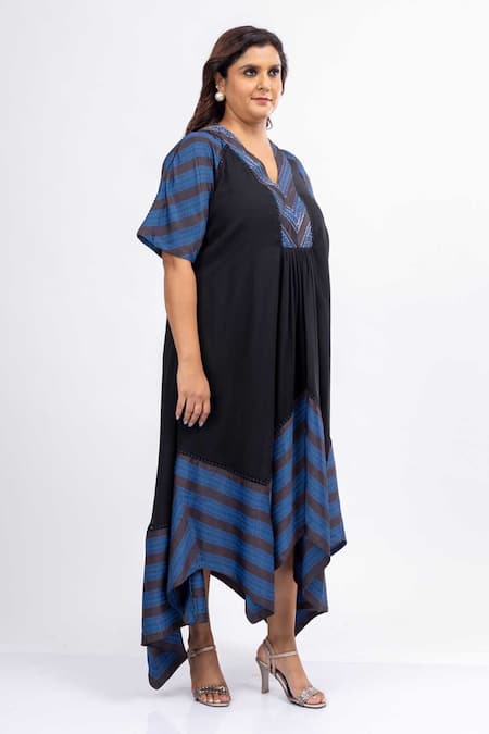 Buy_Mamicha_Black Satin, Crepe Embroidery V-neck Gatsby Secret Blue Designer Dress_Online_at_Aza_Fashions