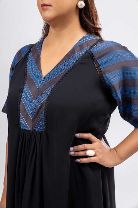 Shop_Mamicha_Black Satin, Crepe Embroidery V-neck Gatsby Secret Blue Designer Dress_Online_at_Aza_Fashions